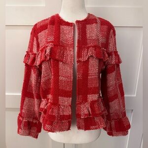 Jack by BB Dakota, size S, pink/red with cream plaid woven ruffled jacket.